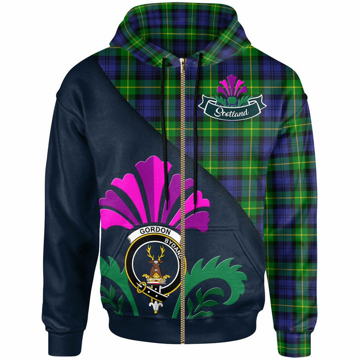 Scottish Gordon Clan Crest Tartan Hoodie - Scotland Thistle Style Zip-up Tartan Plaid
