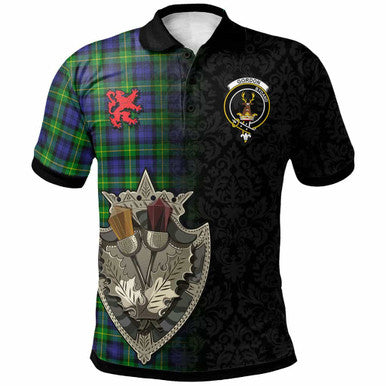 Scottish Gordon Clan Crest Tartan Polo Shirt - Half Thistle Flowers Celtic Design Front Side Tartan Plaid