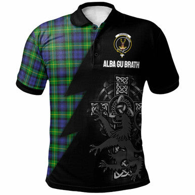 Scottish Gordon Clan Crest Tartan Polo Shirt - Lion Rampant Celtic Cross Flash Style Front Side Tartan Plaid
