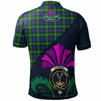 Scottish Gordon Clan Crest Tartan Polo Shirt - Scotland Thistle Style Back Side Tartan Plaid