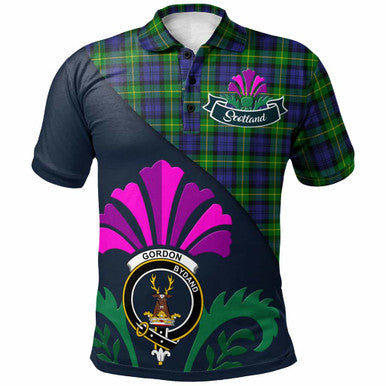Scottish Gordon Clan Crest Tartan Polo Shirt - Scotland Thistle Style Front Side Tartan Plaid