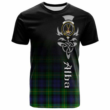 Scottish Gordon Clan Crest Tartan T-Shirt - Alba Gu Brath Family Crest Celtic Inspired Front Side Tartan Plaid