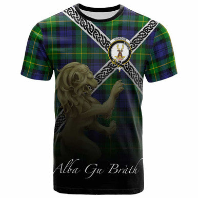 Scottish Gordon Clan Crest Tartan T-Shirt - Celtic With Scotland Lion Front Side Tartan Plaid