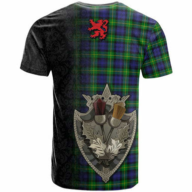 Scottish Gordon Clan Crest Tartan T-Shirt - Half Thistle Flowers Celtic Design Back Side Tartan Plaid