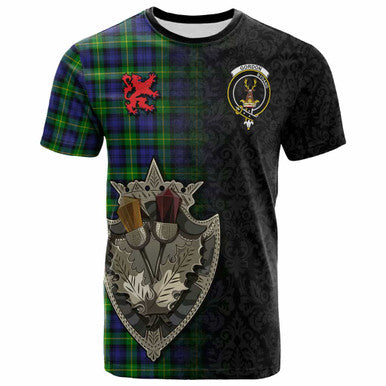 Scottish Gordon Clan Crest Tartan T-Shirt - Half Thistle Flowers Celtic Design Front Side Tartan Plaid