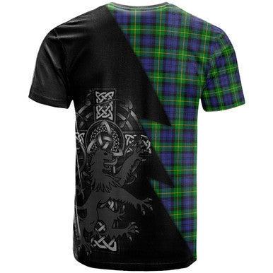 Scottish Gordon Clan Crest Tartan T-Shirt - Lion Rampant Celtic Cross Flash Style Back Side Tartan Plaid