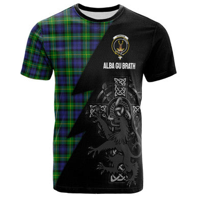Scottish Gordon Clan Crest Tartan T-Shirt - Lion Rampant Celtic Cross Flash Style Front Side Tartan Plaid