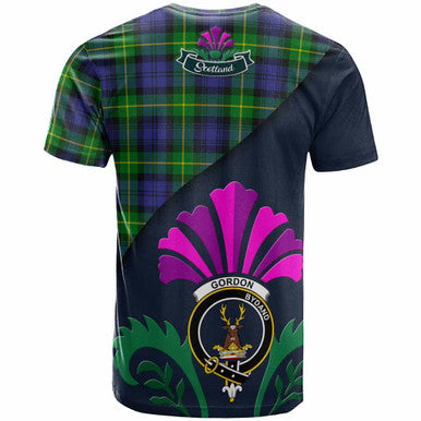 Scottish Gordon Clan Crest Tartan T-Shirt - Scotland Thistle Style Back Side Tartan Plaid