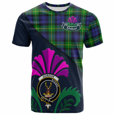 Scottish Gordon Clan Crest Tartan T-Shirt - Scotland Thistle Style Front Side Tartan Plaid