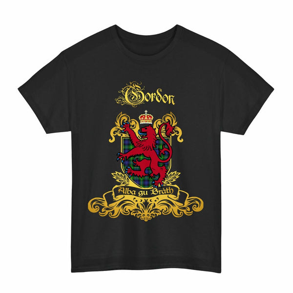 Scottish Gordon Clan Tartan Lion Rampant of Scotland T-Shirt Tartan Plaid Black Color