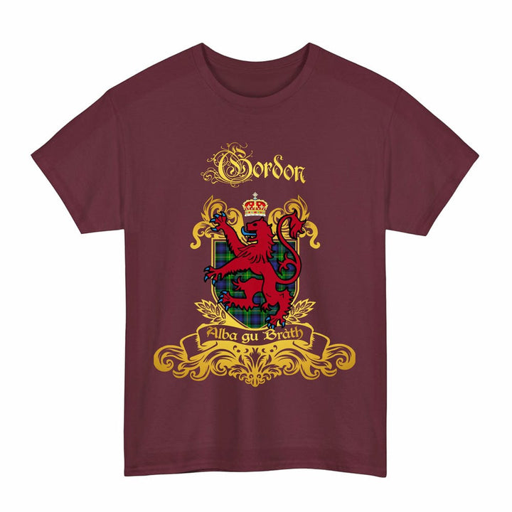 Scottish Gordon Clan Tartan Lion Rampant of Scotland T-Shirt Tartan Plaid Maroon Color