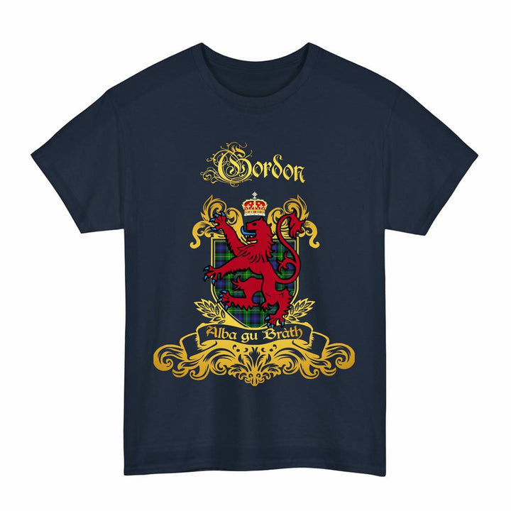 Scottish Gordon Clan Tartan Lion Rampant of Scotland T-Shirt Tartan Plaid Navy Color