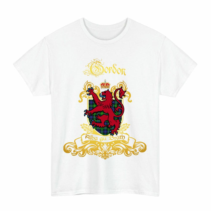 Scottish Gordon Clan Tartan Lion Rampant of Scotland T-Shirt Tartan Plaid White Color
