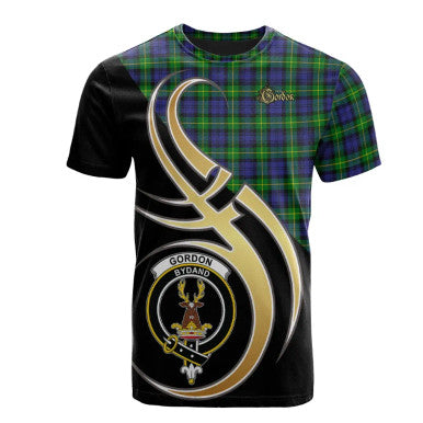 Scottish Gordon Modern Clan Crest Tartan T-Shirt Believe in Me Front Side Tartan Plaid
