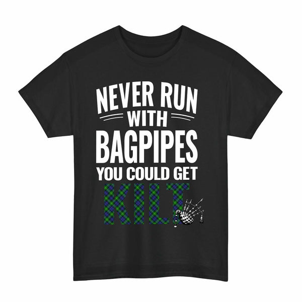 Scottish Gordon Modern Clan Tartan Never Run With Bagpipes T-Shirt Tartan Plaid Black Color