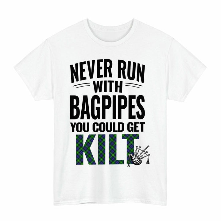 Scottish Gordon Modern Clan Tartan Never Run With Bagpipes T-Shirt Tartan Plaid White Color