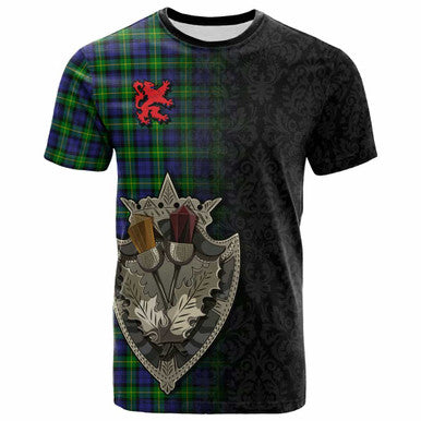 Scottish Gordon Modern Clan Tartan T-Shirt - Half Thistle Flowers Celtic Design Front Side Tartan Plaid