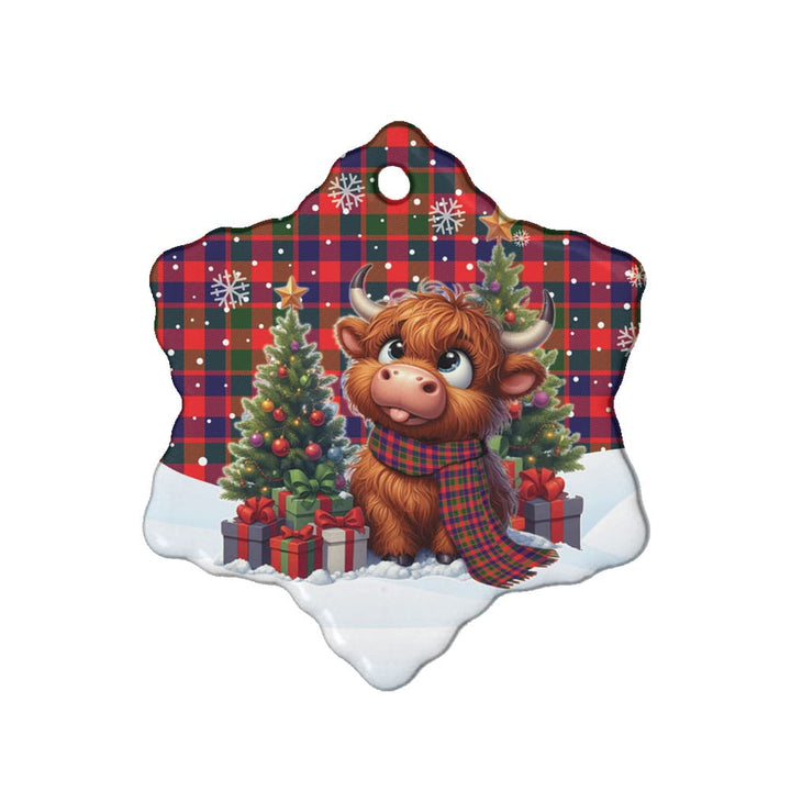 Scottish Gow Modern Clan Tartan Ceramic Ornament Cute Highland Cow Christmas Snow Flake Style Tartan Plaid