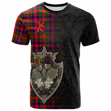 Scottish Gow Modern Clan Tartan T-Shirt - Half Thistle Flowers Celtic Design Front Side Tartan Plaid