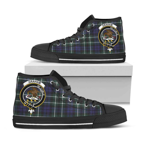 Scottish Graham Clan Crest Tartan High Top Shoes Black Sole Tartan Plaid