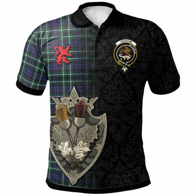 Scottish Graham Clan Crest Tartan Polo Shirt - Half Thistle Flowers Celtic Design Front Side Tartan Plaid
