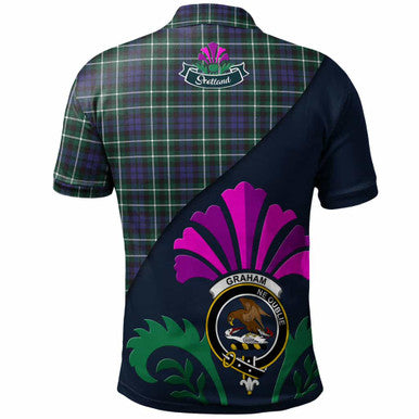 Scottish Graham Clan Crest Tartan Polo Shirt - Scotland Thistle Style Back Side Tartan Plaid
