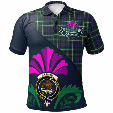 Scottish Graham Clan Crest Tartan Polo Shirt - Scotland Thistle Style Front Side Tartan Plaid