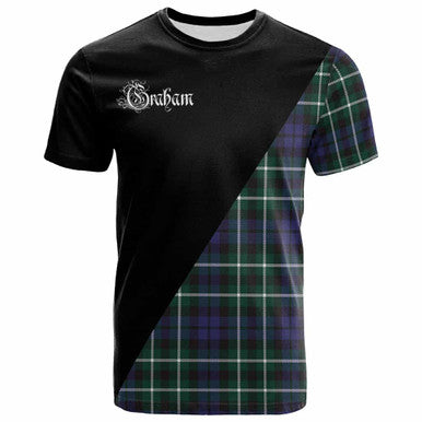 Scottish Graham Clan Crest Tartan T-Shirt - Military Logo Front Side Tartan Plaid