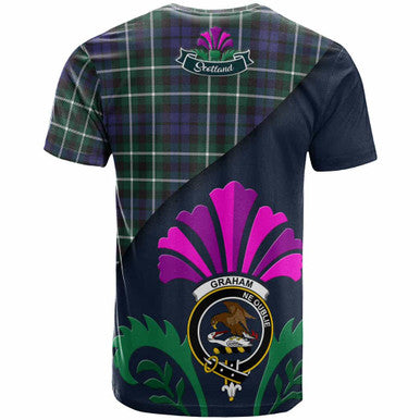 Scottish Graham Clan Crest Tartan T-Shirt - Scotland Thistle Style Back Side Tartan Plaid