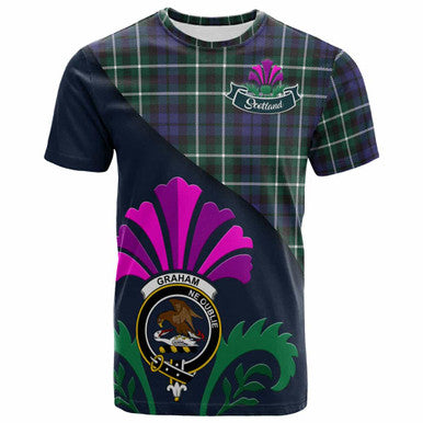 Scottish Graham Clan Crest Tartan T-Shirt - Scotland Thistle Style Front Side Tartan Plaid