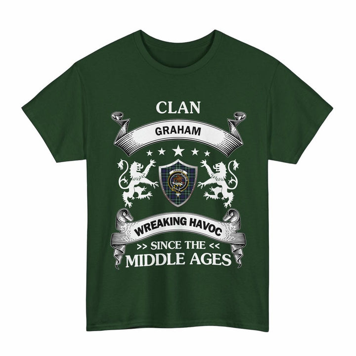 Scottish Graham Clan Crest Tartan T-Shirt Wreaking Havoc Design Tartan Plaid Forest Green Color