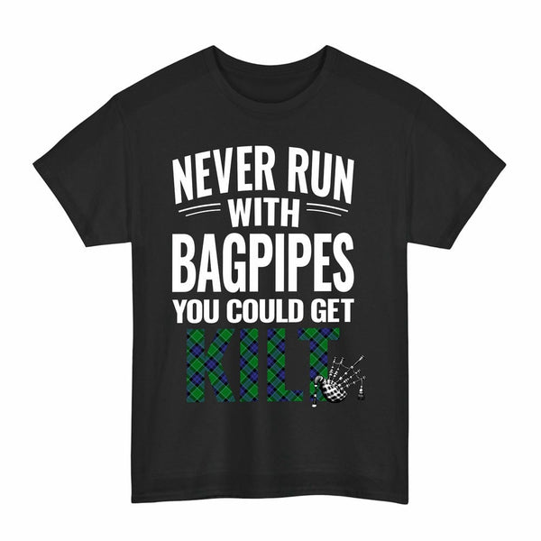Scottish Graham of Menteith Modern Clan Tartan Never Run With Bagpipes T-Shirt Tartan Plaid Black Color