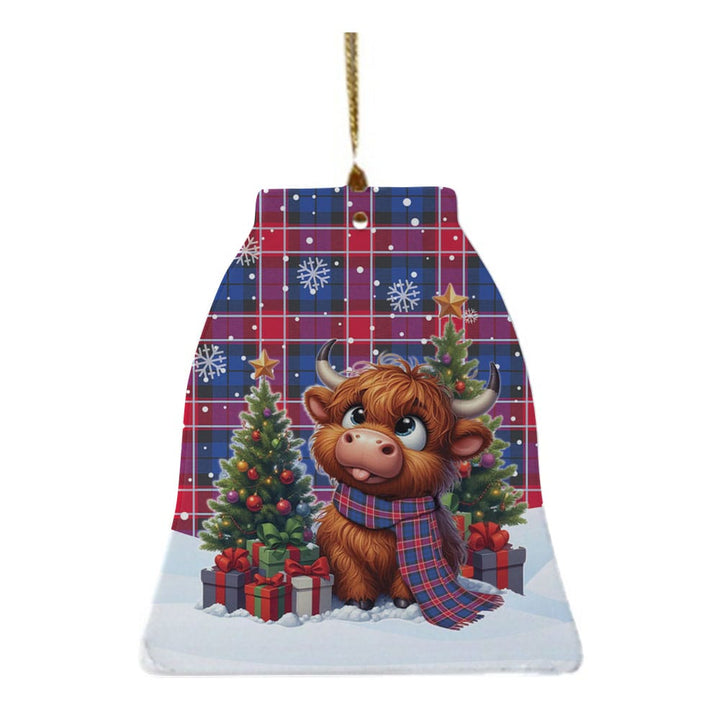 Scottish Graham of Menteith Red Clan Tartan Ceramic Ornament Cute Highland Cow Christmas Bell Style Tartan Plaid
