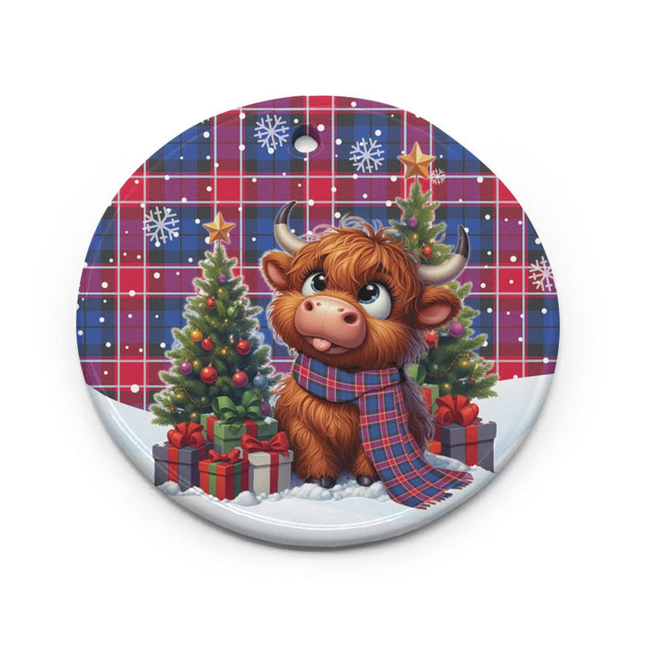 Scottish Graham of Menteith Red Clan Tartan Ceramic Ornament Cute Highland Cow Christmas Circle Style Tartan Plaid