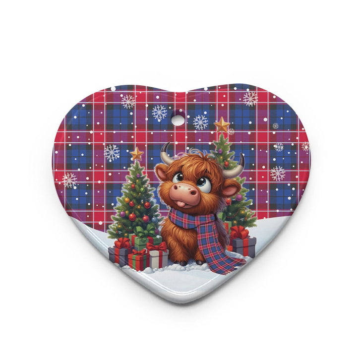 Scottish Graham of Menteith Red Clan Tartan Ceramic Ornament Cute Highland Cow Christmas Heart Style Tartan Plaid