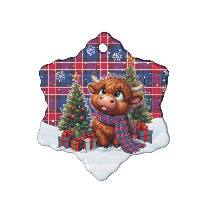 Scottish Graham of Menteith Red Clan Tartan Ceramic Ornament Cute Highland Cow Christmas Snow Flake Style Tartan Plaid