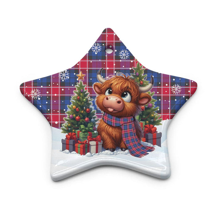 Scottish Graham of Menteith Red Clan Tartan Ceramic Ornament Cute Highland Cow Christmas Star Style Tartan Plaid