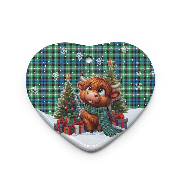Scottish Graham of Montrose Ancient Clan Tartan Ceramic Ornament Cute Highland Cow Christmas Heart Style Tartan Plaid