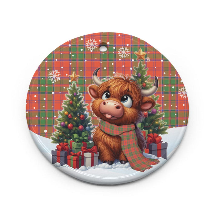 Scottish Grant Ancient Clan Tartan Ceramic Ornament Cute Highland Cow Christmas Circle Style Tartan Plaid