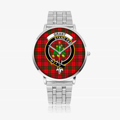 Scottish Grant Clan Crest Tartan Instafamous Steel Quartz Watches Tartan Plaid Silver 1