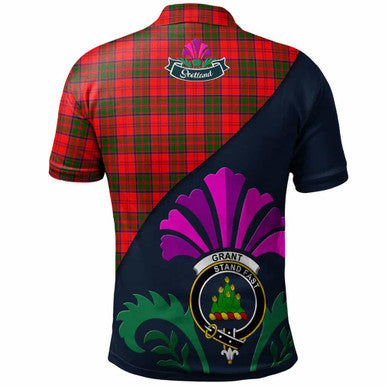Scottish Grant Clan Crest Tartan Polo Shirt - Scotland Thistle Style Back Side Tartan Plaid