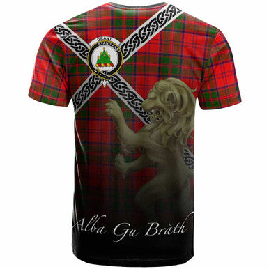 Scottish Grant Clan Crest Tartan T-Shirt - Celtic With Scotland Lion Back Side Tartan Plaid
