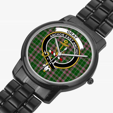 Scottish Gray Clan Crest Tartan Folding Clasp Steel Quartz Watches Tartan Plaid Black 2