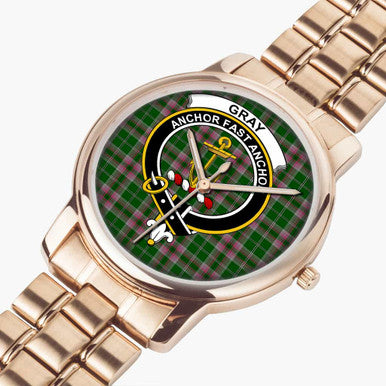 Scottish Gray Clan Crest Tartan Folding Clasp Steel Quartz Watches Tartan Plaid Rose Gold 2