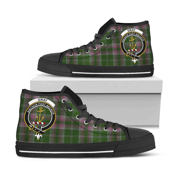 Scottish Gray Clan Crest Tartan High Top Shoes Black Sole Tartan Plaid