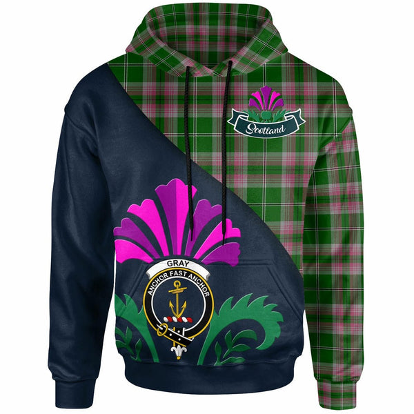 Scottish Gray Clan Crest Tartan Hoodie - Scotland Thistle Style Front Side Tartan Plaid