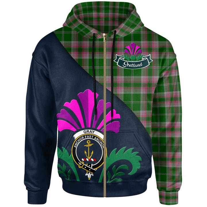 Scottish Gray Clan Crest Tartan Hoodie - Scotland Thistle Style Zip-up Tartan Plaid