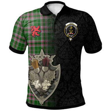 Scottish Gray Clan Crest Tartan Polo Shirt - Half Thistle Flowers Celtic Design Front Side Tartan Plaid