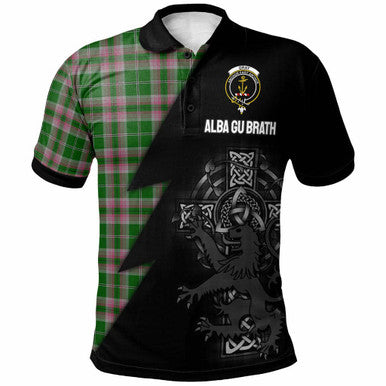 Scottish Gray Clan Crest Tartan Polo Shirt - Lion Rampant Celtic Cross Flash Style Front Side Tartan Plaid