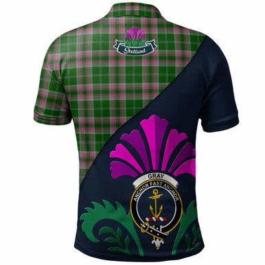 Scottish Gray Clan Crest Tartan Polo Shirt - Scotland Thistle Style Back Side Tartan Plaid